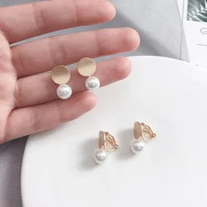 Korean Temperament Elegant Small Metal Metal Round Imitation Pearl Clip Earrings