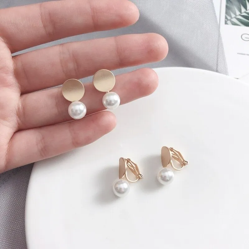 Korean Temperament Elegant Small Metal Metal Round Imitation Pearl Clip Earrings