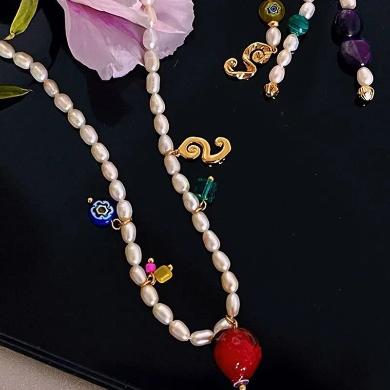 Korean Trendy Coloured Glaze Flower Strawberry Necklace For Women