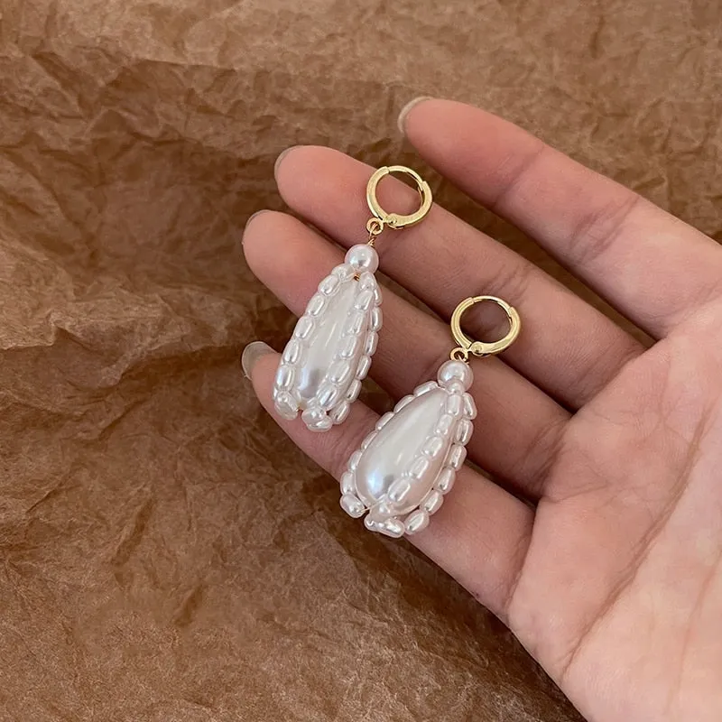 Korean Trendy Elegant Pearl Geometric Waterdrop Drop Earrings For Women