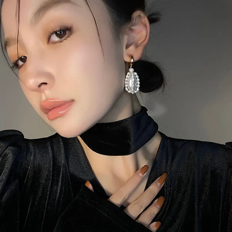 Korean Trendy Elegant Pearl Geometric Waterdrop Drop Earrings For Women