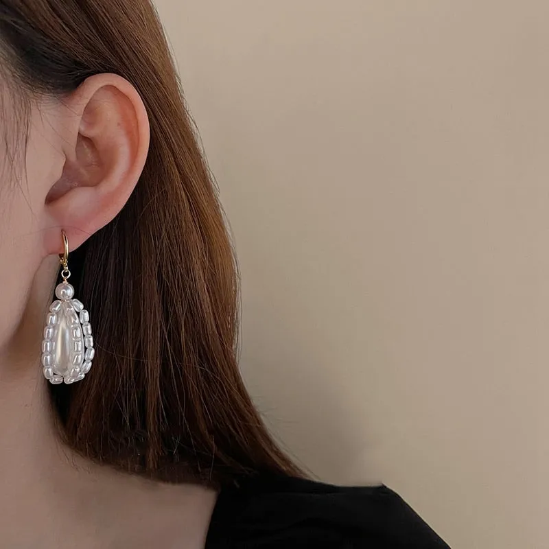 Korean Trendy Elegant Pearl Geometric Waterdrop Drop Earrings For Women