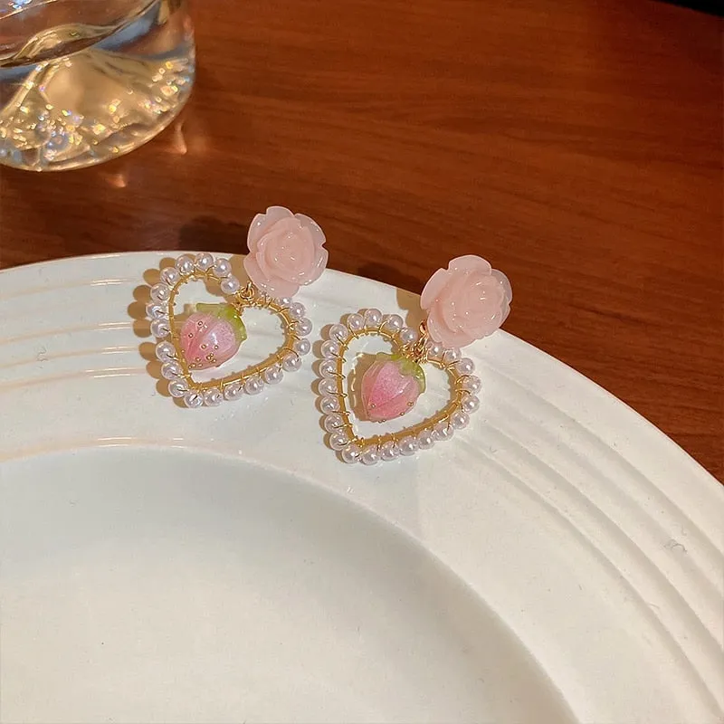 Korean Trendy Pink Resin Flower Dangle Earrings For Women