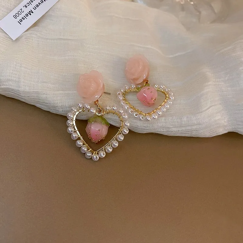 Korean Trendy Pink Resin Flower Dangle Earrings For Women