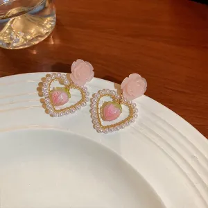 Korean Trendy Pink Resin Flower Dangle Earrings For Women