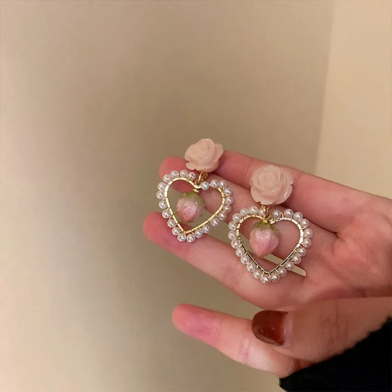 Korean Trendy Pink Resin Flower Dangle Earrings For Women