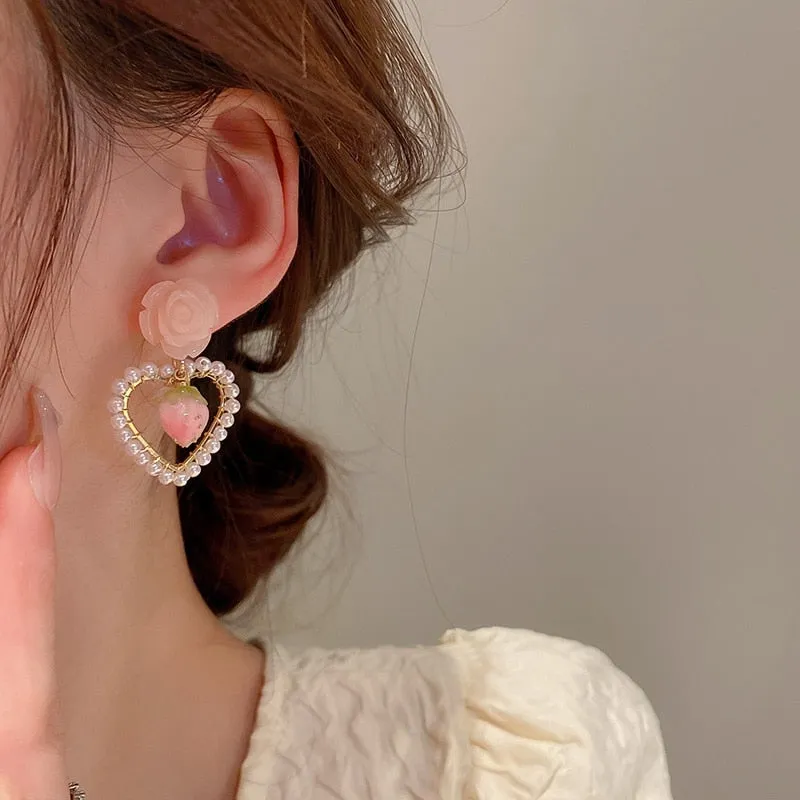 Korean Trendy Pink Resin Flower Dangle Earrings For Women