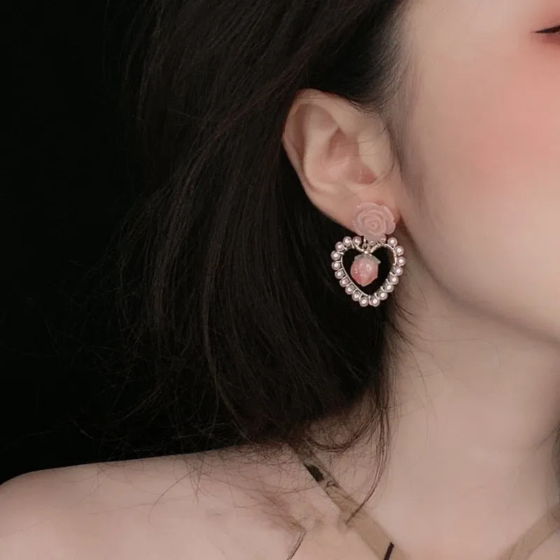 Korean Trendy Pink Resin Flower Dangle Earrings For Women