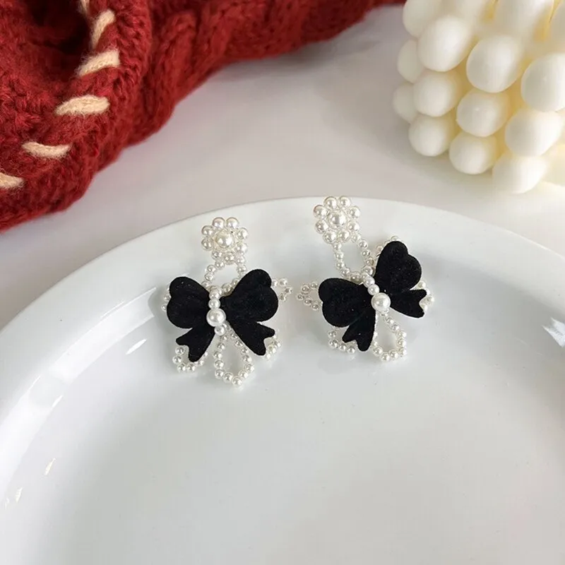 Korean Trendy Velvet Bowknot Drop Earrings For Women