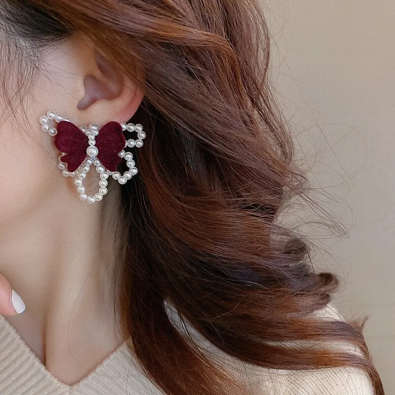 Korean Trendy Velvet Bowknot Drop Earrings For Women