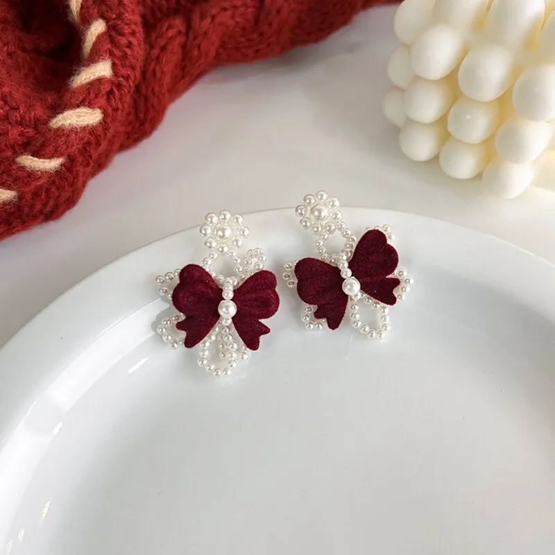 Korean Trendy Velvet Bowknot Drop Earrings For Women