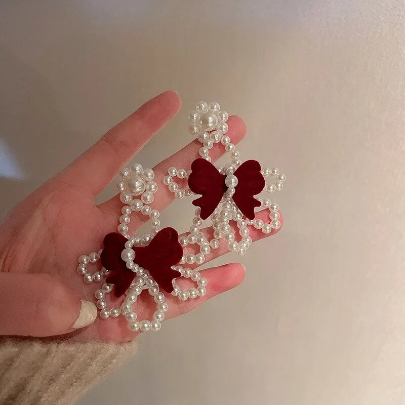 Korean Trendy Velvet Bowknot Drop Earrings For Women