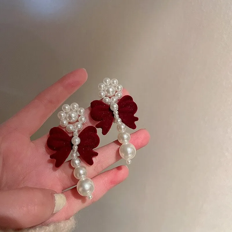 Korean Trendy Velvet Bowknot Drop Earrings For Women