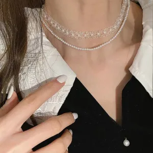 Korean Vintage Acrylic Flower Double Layers Necklace For Women