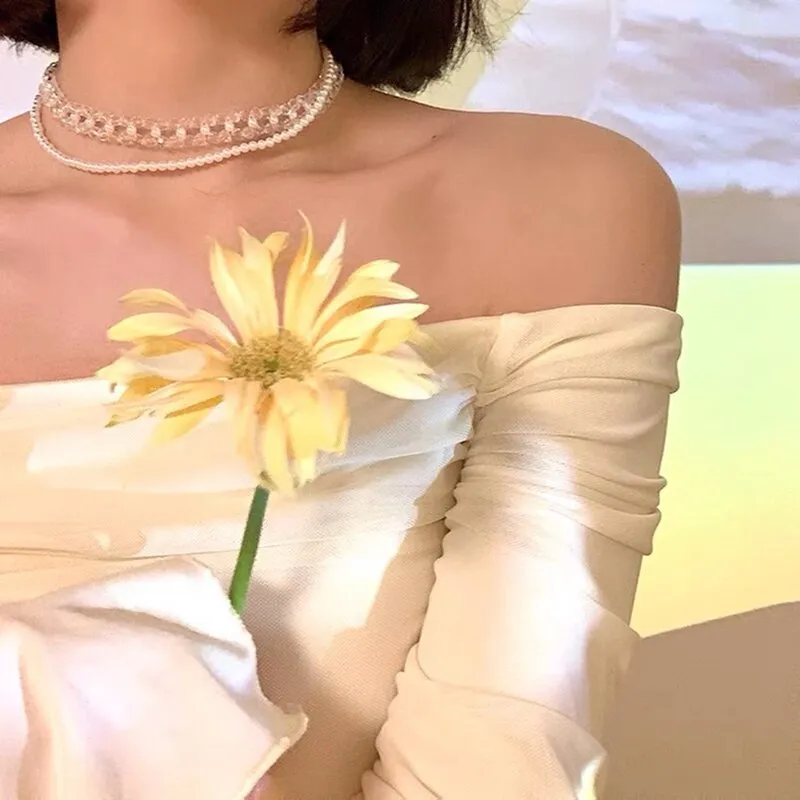 Korean Vintage Acrylic Flower Double Layers Necklace For Women