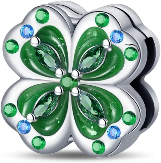 KUNSIR 925 Sterling Silver Clip-On Charm for Reflexions Mesh Bracelet Charm Bead fits Flat charm Bracelets Gift for Women（four-leaf clover）