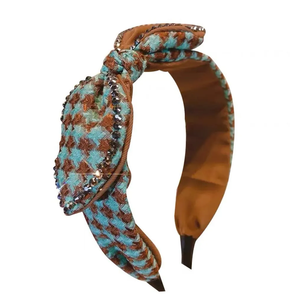 Lady Green Brown Plaid Bow Hair Band Women's Vintage Wide Edge Rhinestone Headband Hair Clip Ornament