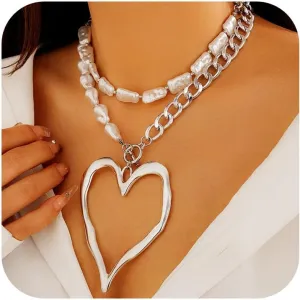 Large Heart Statement Necklaces for Women Chunky Gold Necklace Layered Love Pearl Choker Necklace Set Dainty Statement Jewelry Gift