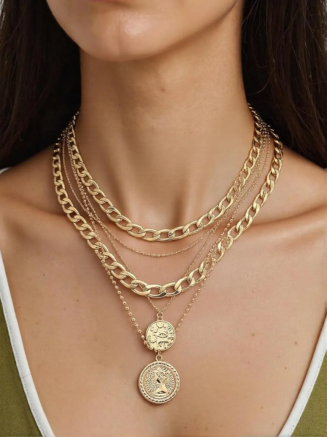 Layered Chunky Chain Gold Pirate Necklace for Women Punk Hip Hop Choker 80s 90s Coin Pendant Pirate Jewelry Costume Accessories