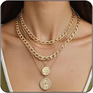Layered Chunky Chain Gold Pirate Necklace for Women Punk Hip Hop Choker 80s 90s Coin Pendant Pirate Jewelry Costume Accessories