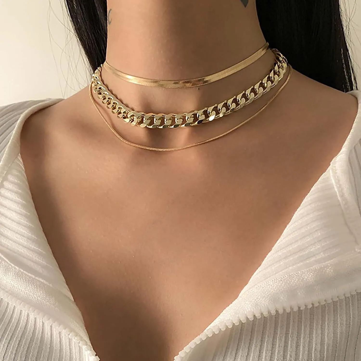 Layered Chunky Chain Necklace Gold Cuban Chain Choker Necklace Snake Chain Layering Necklace Punk Multilayer Thick Chain Necklace Snake Flat Chain Necklace