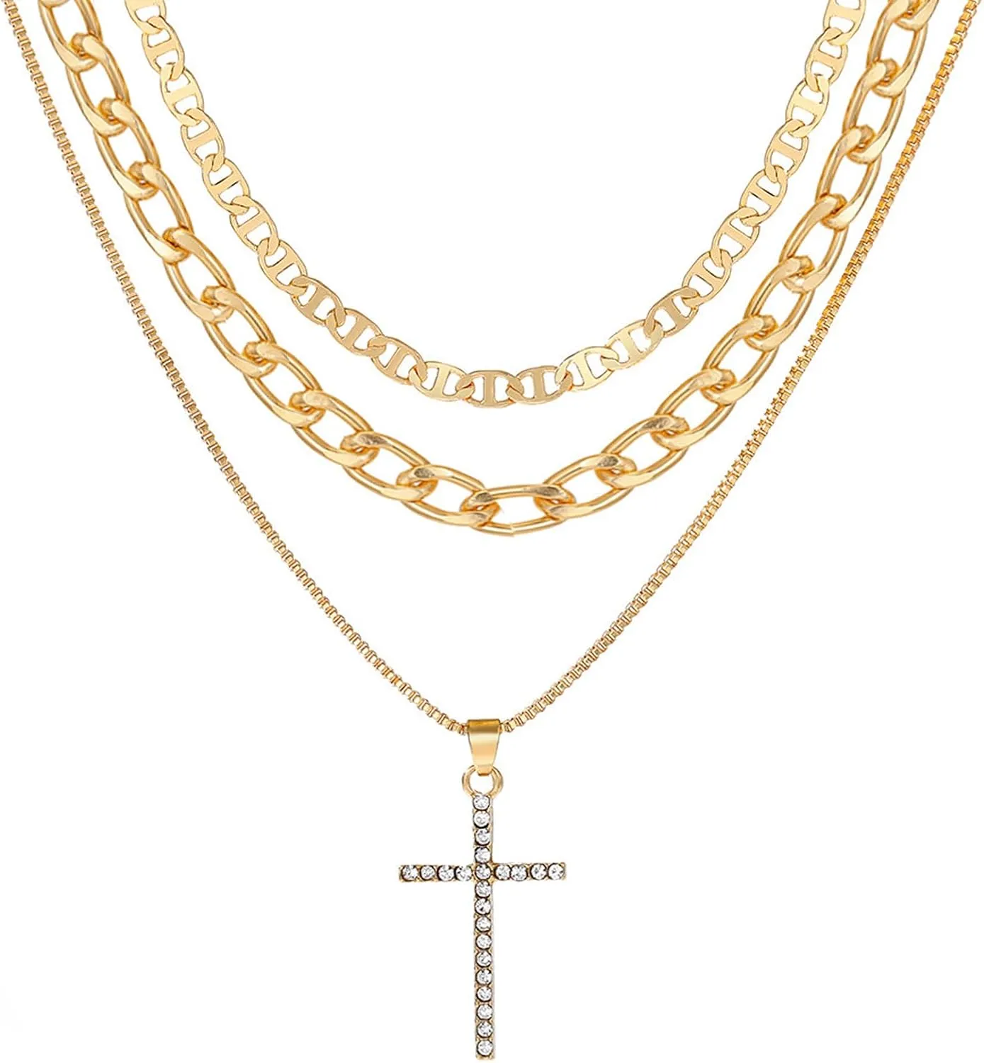 Layered Gold Cross Necklaces for Women Non Tarnish Stackable Dainty Gold Paperclip Cuban Chain Necklace Rhinestone CZ Cross Pendant Necklace Jewelry Gifts