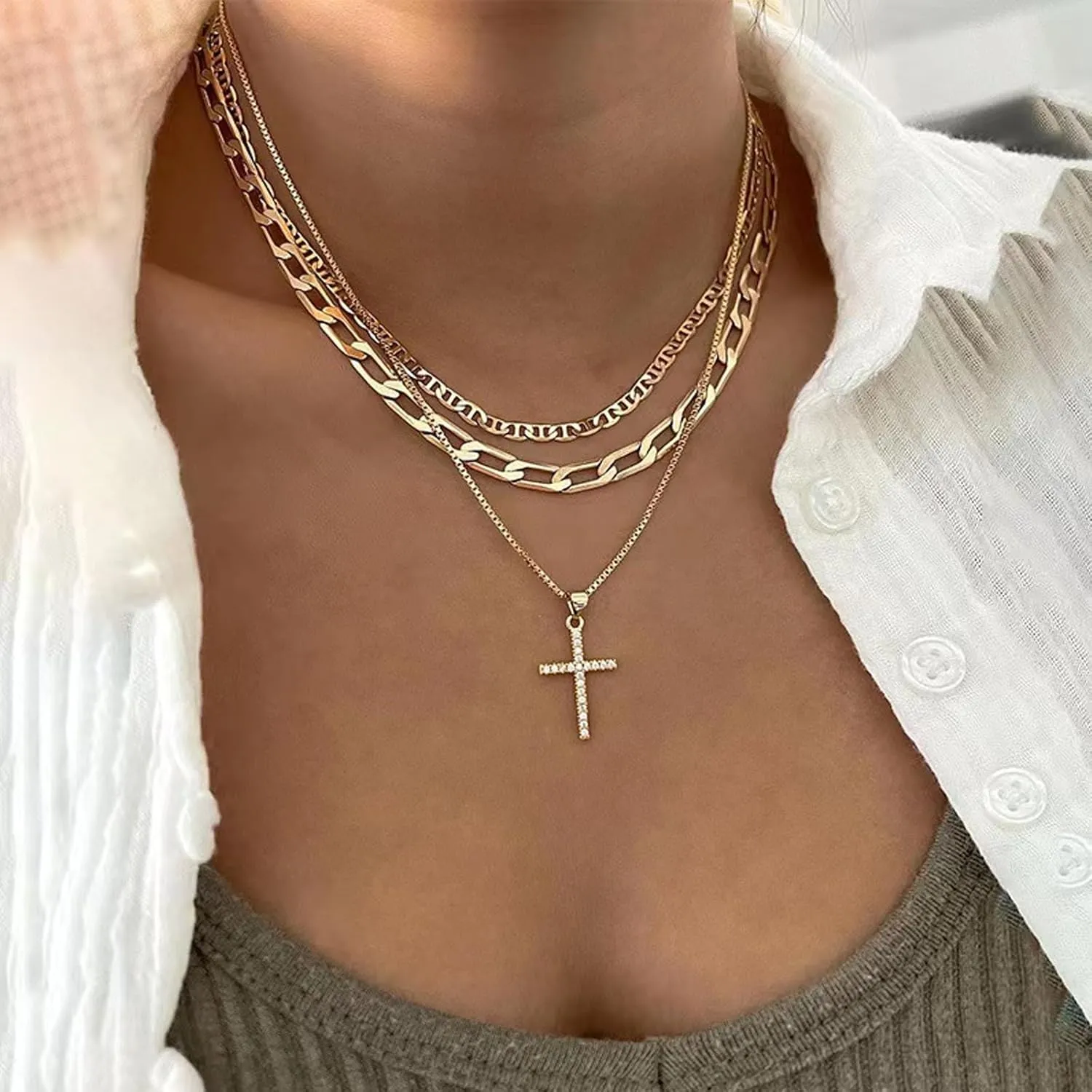 Layered Gold Cross Necklaces for Women Non Tarnish Stackable Dainty Gold Paperclip Cuban Chain Necklace Rhinestone CZ Cross Pendant Necklace Jewelry Gifts