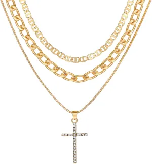 Layered Gold Cross Necklaces for Women Non Tarnish Stackable Dainty Gold Paperclip Cuban Chain Necklace Rhinestone CZ Cross Pendant Necklace Jewelry Gifts