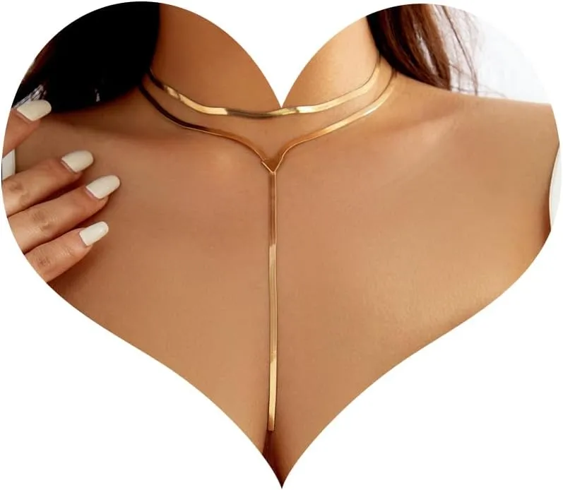 Layered Gold Y Shaped Necklace for Women 14k Gold Plated Lariat Necklace Twist Snake Chain Y Necklace Triangle Lariat Statement Necklace Dainty Herringbone Necklace Trendy Jewelry Gifts Accessories