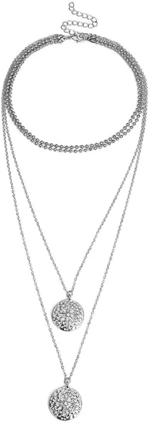 Layered Necklace, Cubic Zirconia Layering Necklace 4 Layer White Round Cubic Zirconia Disc Pendant Design Mother of The Groom Gifts