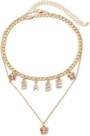 Layered Necklace Vintage, Cubic Zirconia Necklace 2 Layer Gold Lobster Claw White Round Cubic Zirconia Letter Butterfly Pendant Design Wolf Gifts