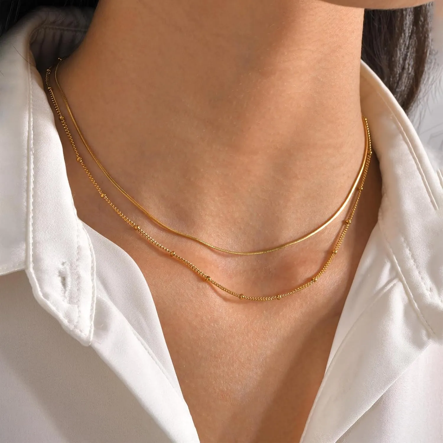 Layered Satellite Chain Necklace Boho Gold Layered Choker Necklace Smalll Beadeds Chain Necklace Vintage Bead Chain Necklace Layering Chain Necklace