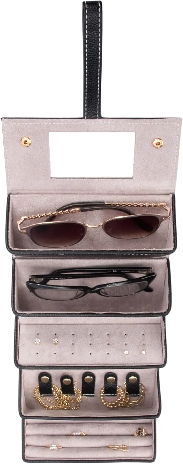 Leah 5 Eyewear & Jewelry Case - Pebbled Vegan Leather, Foldable Case, Snap Closure, Hanging Loop, Interior Mirror, 5 Compartments: Sunglasses and Jewelry (Black)