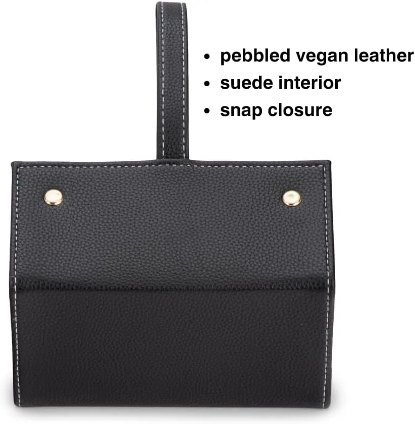 Leah 5 Eyewear & Jewelry Case - Pebbled Vegan Leather, Foldable Case, Snap Closure, Hanging Loop, Interior Mirror, 5 Compartments: Sunglasses and Jewelry (Black)