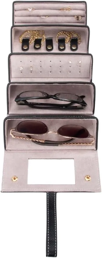 Leah 5 Eyewear & Jewelry Case - Pebbled Vegan Leather, Foldable Case, Snap Closure, Hanging Loop, Interior Mirror, 5 Compartments: Sunglasses and Jewelry (Black)