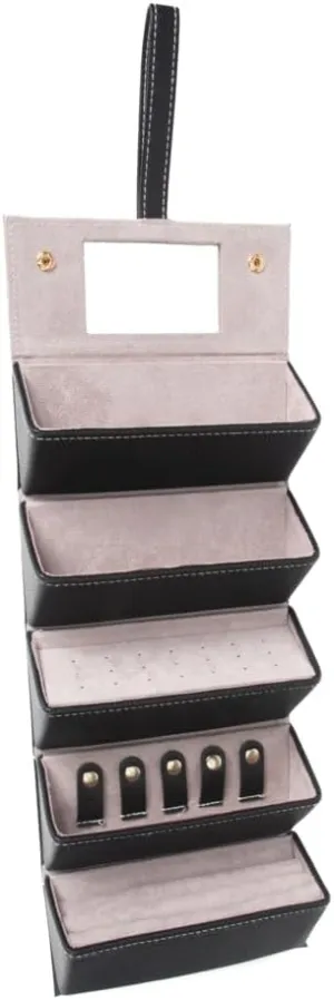Leah 5 Eyewear & Jewelry Case - Pebbled Vegan Leather, Foldable Case, Snap Closure, Hanging Loop, Interior Mirror, 5 Compartments: Sunglasses and Jewelry (Black)