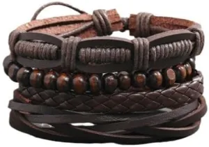 Leather Bracelet Set, Multi-Layer Design with Wooden Beads, Brown, 4 Piece Wristband Collection