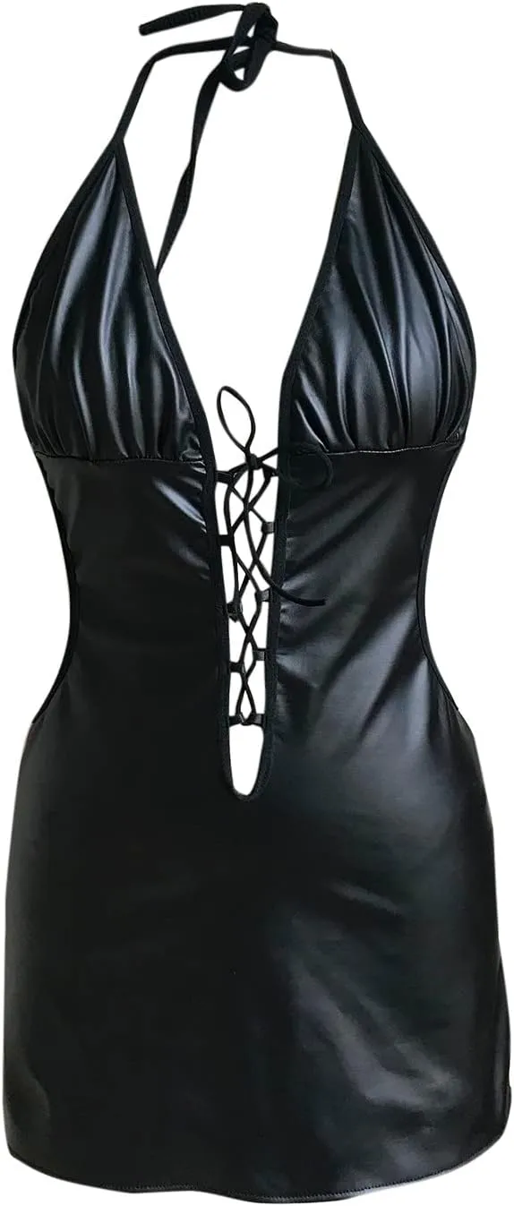 Leather Lingerie Sexy Lingerie For Women Teddy Patent Backless Handcuffs Bodysuit Halter Choker Catsuit Nightwear Babydoll