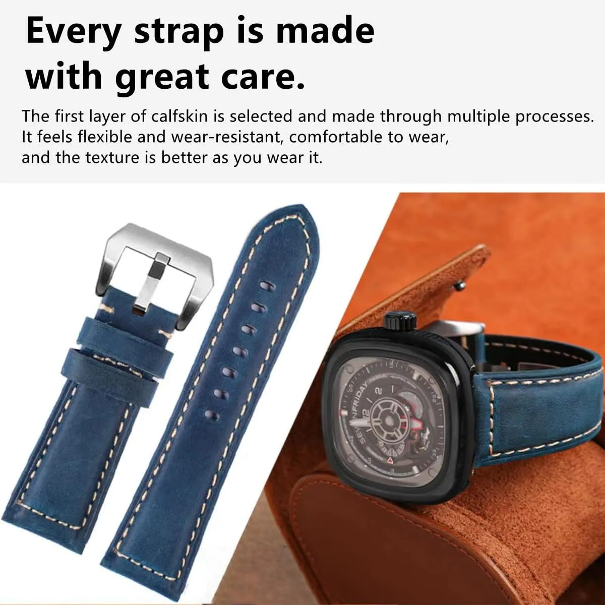 Leather Watch Bands for Men, Vintage Top Grain Leather Watch Strap Compatible with Panerai Watch Band, Genuine Leather Bracelet Watch Replacement Band 20mm 22mm 24mm 26mm