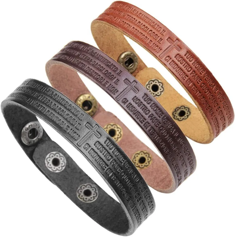 LF Mens Handmade Cowhide Leather Bible Verse Cross Bracelets,Ancient Roman Revival Itlian Lords Prayer Cuff Bracelets Wristband Baptism Jewelry for Husband,Boyfriend,Son,Dad,Black Brown Coffee,22cm
