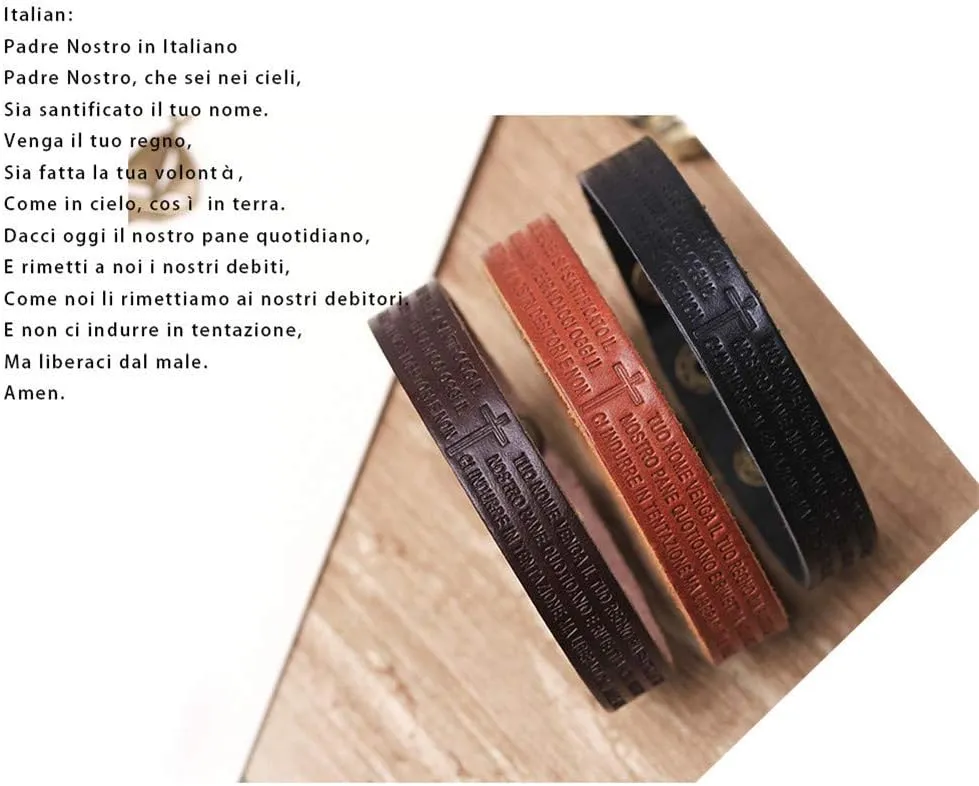 LF Mens Handmade Cowhide Leather Bible Verse Cross Bracelets,Ancient Roman Revival Itlian Lords Prayer Cuff Bracelets Wristband Baptism Jewelry for Husband,Boyfriend,Son,Dad,Black Brown Coffee,22cm