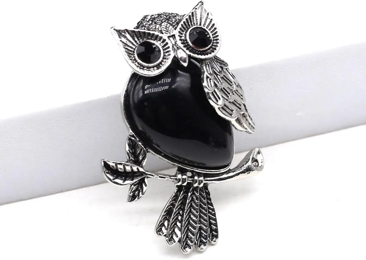 LHJ 8 Pcs Stone Brooches Owl Shape Healing Crystal Pendants Vivid Animal Charms for Jewelry Making Clothes Worn Decoration