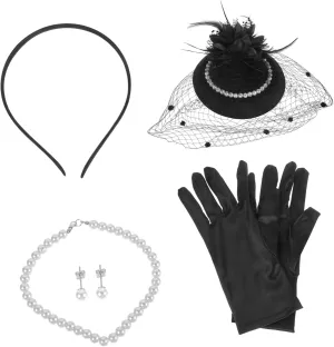 LIFKOME S Women's Fashion Set Pearl Jewelry Tea Party Hat Gloves Headband Necklace Earrings for Special Events