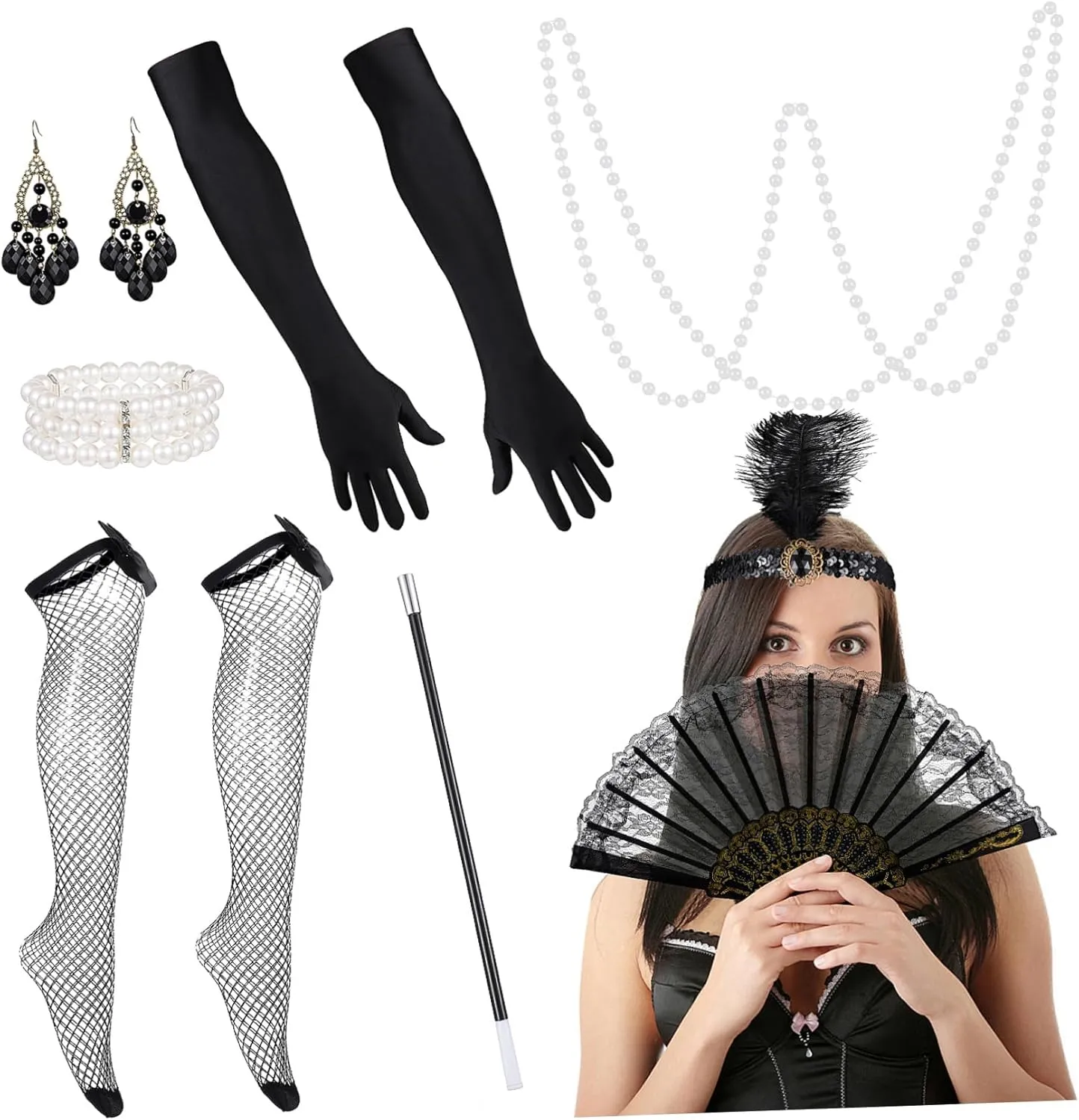 LIFKOME Vintage Headpiece Pearl Necklace Gloves Stockings Flapper Accessories Set for Party