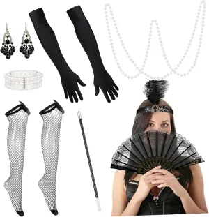 LIFKOME Vintage Headpiece Pearl Necklace Gloves Stockings Flapper Accessories Set for Party