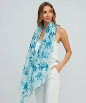 Light Sky Blue Floral Printed Oblong Scarf with Raw Edging