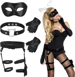 Liitrsh 4 Pcs Halloween Women Costume Include Black Leg Garter Belts with Pocket Punk Adjustable PU Leather Choker Faux Leather Fingerless Glove Half Masks for Masquerade Cosplay Party Accessory