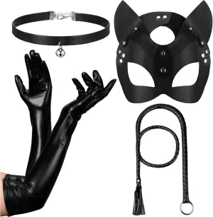 Liitrsh 4 Pcs Women Halloween Leather Cat Cosplay Costume, Including Cat Mask Animal Half Face Mask, Wet Look Black Long Gloves, Choker Necklace with Bell for Halloween Party