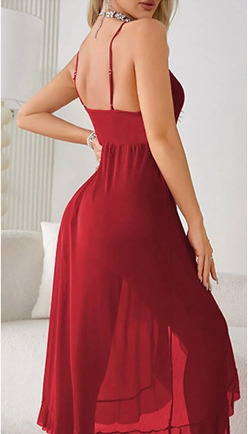 Lingerie Dress for Women Sexy Deep V Neck Lace Chiffon High Low Cut Split Ruffle Hem Nightwear Dress Women's Fashion