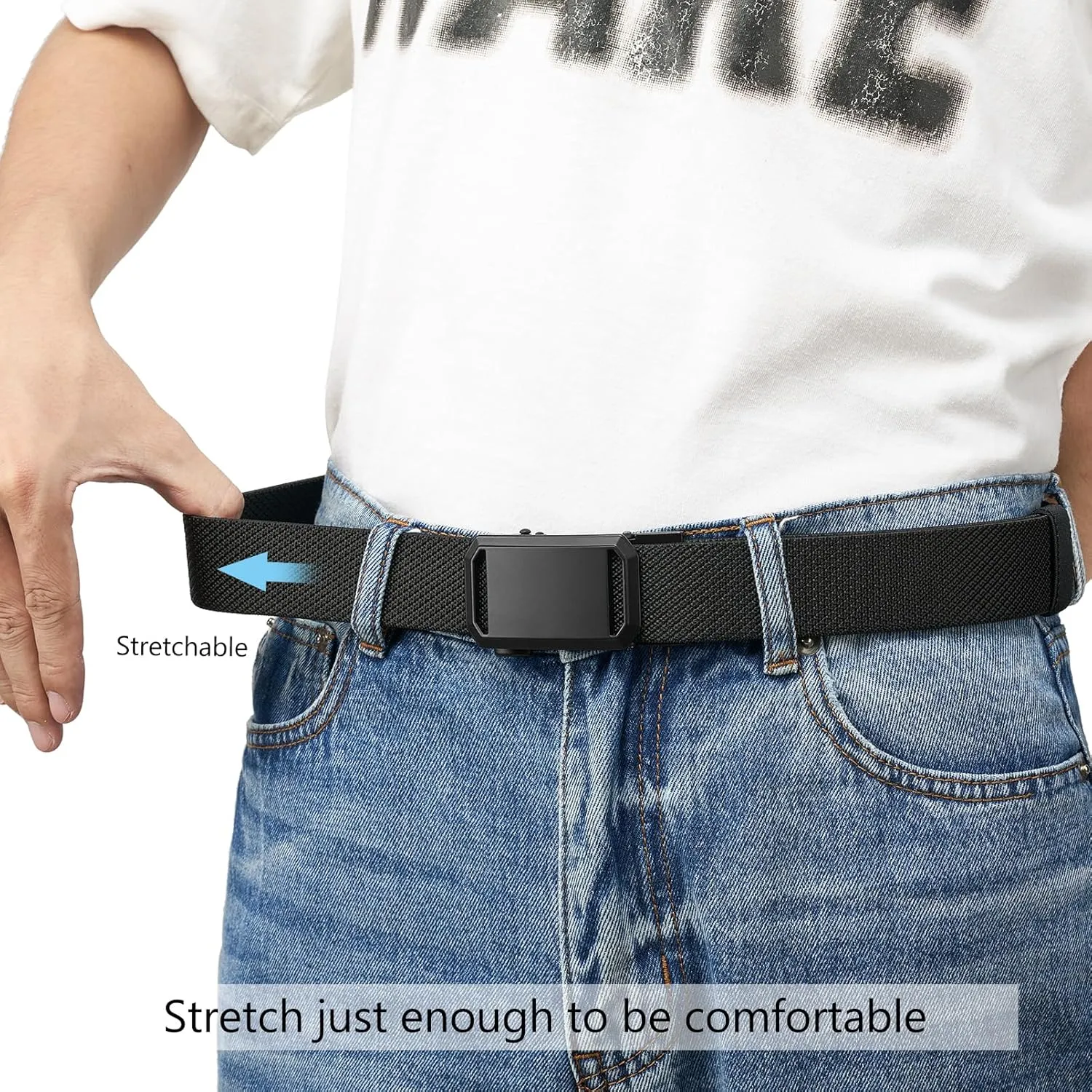 LionVII Ratchet Elastic Stretch Belts, 1 3/8" Belt for Men with Automatic Buckle for Men, Adjustable Trim to Fit 27-49" Waist